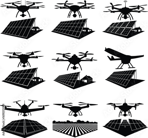 Drone and solar panel technology icons, smart agriculture, energy solutions, eco farming concept, renewable power system vector silhouettes set.