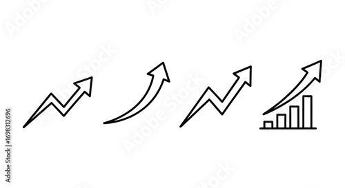 Four hand drawn upward trending arrow and bar chart icons for business growth and success vector
