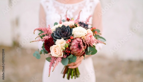 A bride holds a colorful wedding bouquet