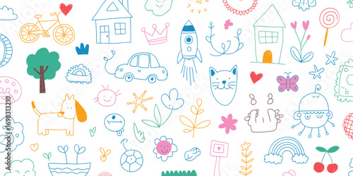 Seamless kids doodle pattern, colorful hand drawn background, cute cartoon elements, rocket house cat dog rainbow flowers vector illustration