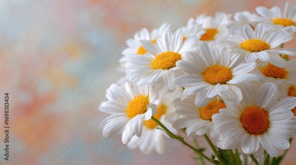 Obraz premium A bouquet of white daisies with bright orange centers stands out against a softly blurred multicolored background.
