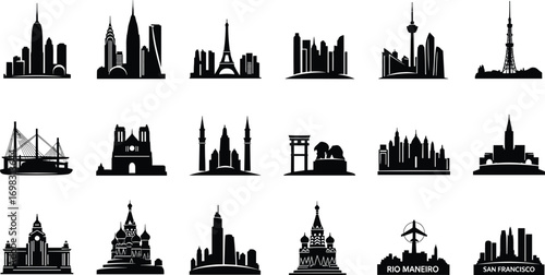 Wallpaper Mural Famous city skylines and landmarks silhouettes, world iconic architecture, travel destinations, urban buildings, global tourism, landmark vectors, cityscape illustrations. Torontodigital.ca
