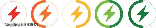 Battery charging level icons, energy power symbol set, electricity bolt gradient, UI UX design elements, renewable green energy vector