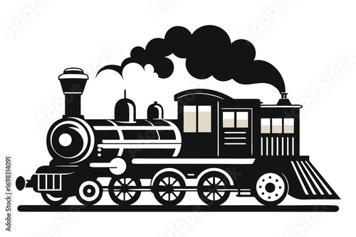 Vintage steam locomotive train black and white illustration retro transportation railroad journey travel