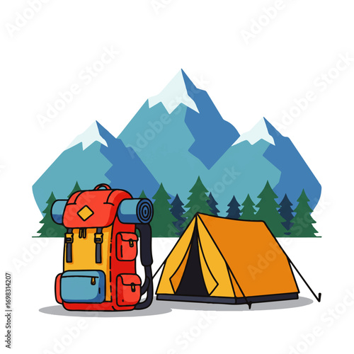 Illustration of a camping scene with a backpack, tent, and mountain range backdrop with evergreen trees.
