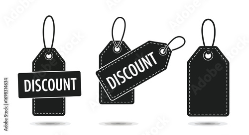 Set of black discount tags with string and different angles for retail and sale promotions vector