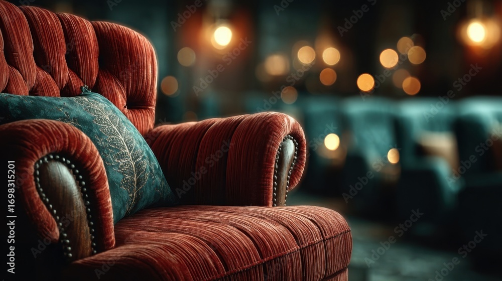 Obraz premium An elegant red velvet armchair with tufted backrest and wooden arms features a green cushion embroidered with gold leaf,