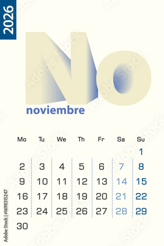 Minimalist calendar template for November 2026, vector calendar in Spanish language.