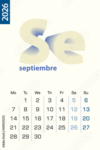 Minimalist calendar template for September 2026, vector calendar in Spanish language.