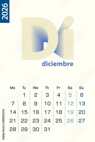 Minimalist calendar template for December 2026, vector calendar in Spanish language.