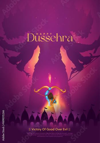 Happy Dussehra festival of India poster design. Lord Rama killing Ravana. Creative vector illustration.