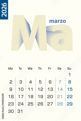 Minimalist calendar template for March 2026, vector calendar in Spanish language.