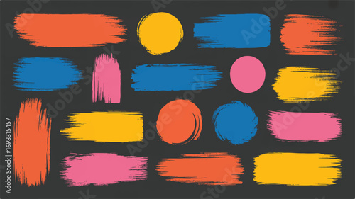 A collection of abstract brush stroke elements arranged in a grid pattern against a black background. 