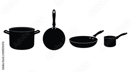 Set of black silhouette kitchen cookware pots pans and saucepan isolated on vector