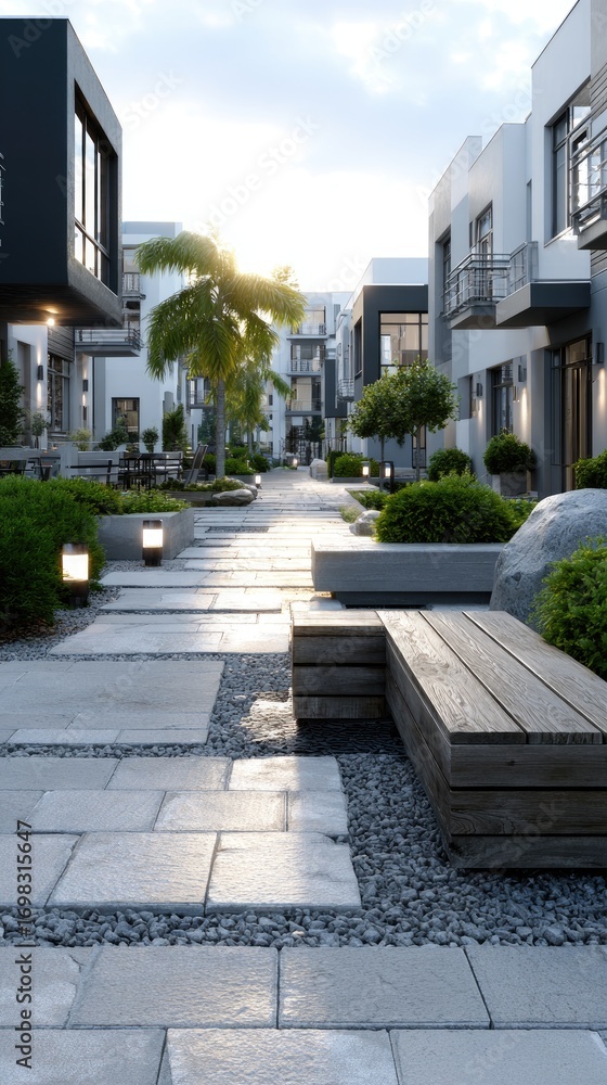 Fototapeta premium Residential buildings surrounded by greenery, with people strolling along the path as skyscrapers loom in the sunset background