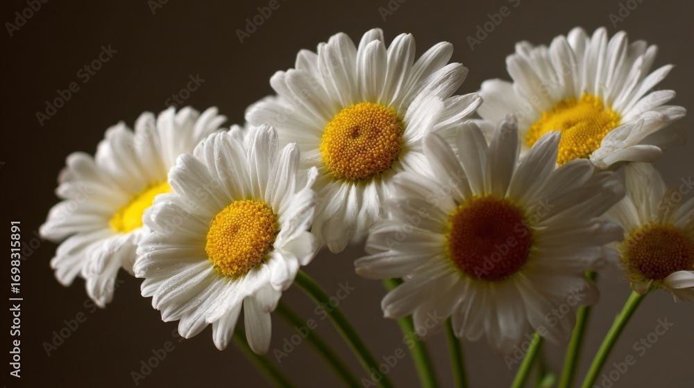 Fototapeta premium A bouquet of fresh daisies with white petals and yellow centers in various stages of bloom,