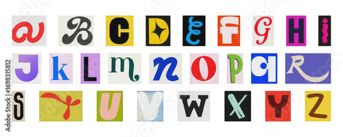 Retro style alphabet collage, colorful cut-out letters PNG transparent