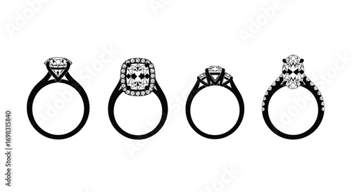 Four elegant diamond engagement ring designs showcase precious jewelry with sparkling gems vector