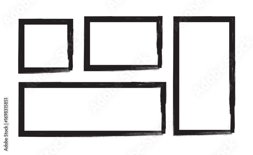 Grunge square and rectangle frames. Ink empty black boxes set. Vector set of square ink brush strokes as a representation of modern design.  Design brush.