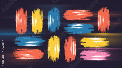 A collection of abstract brush stroke elements arranged in a grid pattern against a black background. 