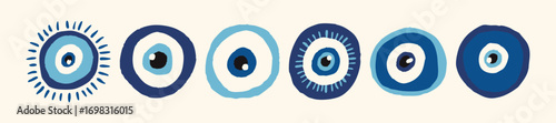 Set of hand drawn blue evil eye symbols. Protection amulet and spiritual concept. Flat vector illustration. Amulet symbols in Turkish, Greek, and Middle Eastern style talismans for protection 