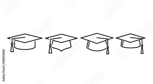 Four graduation caps doodle style drawn line art academic achievement education symbol vector