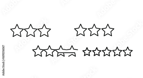 Customer satisfaction rating five star review score icons line of four stars above a row of three stars vector