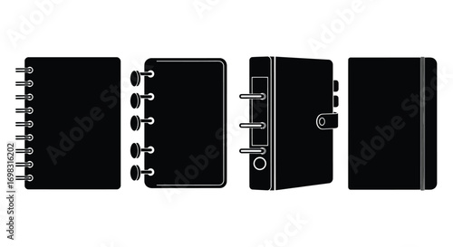 Set of black spiral bound notebooks and journals from multiple angles vector