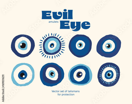 Set of hand drawn blue evil eye symbols. Protection amulet and spiritual concept. Flat vector illustration. Amulet symbols in Turkish, Greek, and Middle Eastern style talismans for protection 