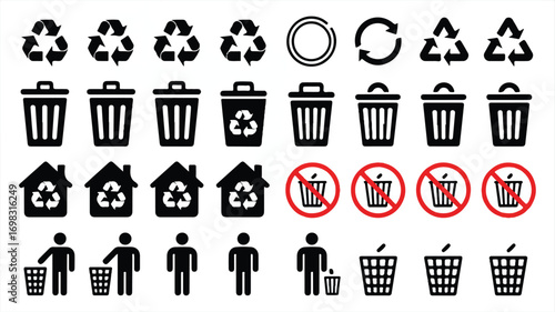 A collection of waste management and recycling icons arranged in a grid format.