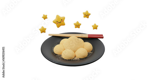 Delicious mochi dessert with chopsticks and star decorations.