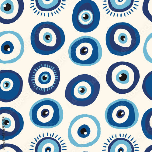 Seamless pattern blue evil eye symbols. Protection amulet and spiritual concept. Flat vector illustration. Amulet symbols in Turkish, Greek, and Middle Eastern style talismans for protection 