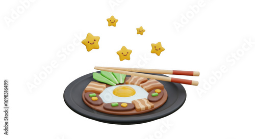 Delicious Asian-style breakfast plate with fried egg bacon and vegetables.