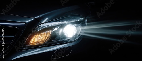Close up of a modern car headlight shining bright beams in the dark night.