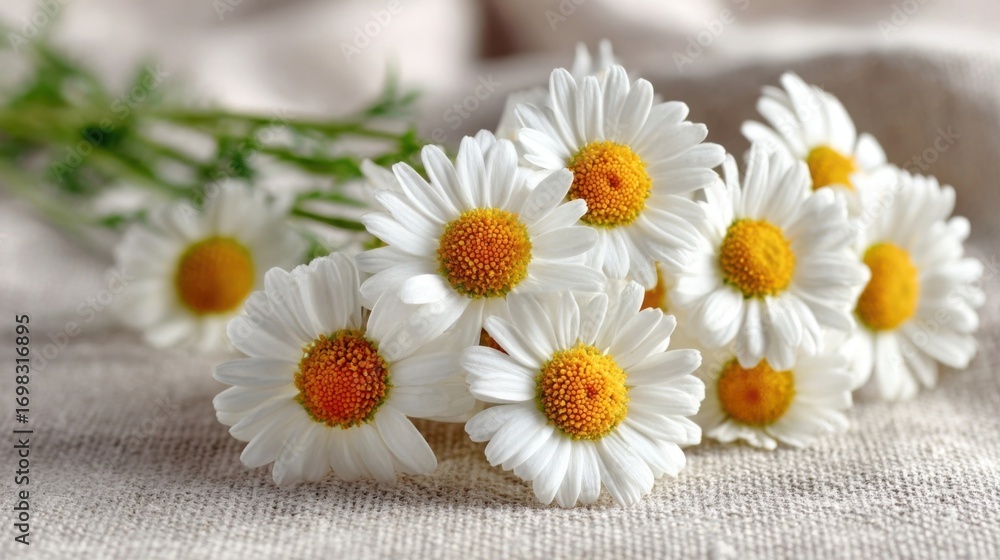 Obraz premium Fresh white daisies with yellow centers rest on a textured beige fabric,