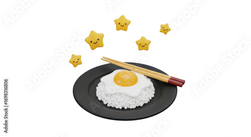 A whimsical meal of a fried egg on rice with cute floating stars.