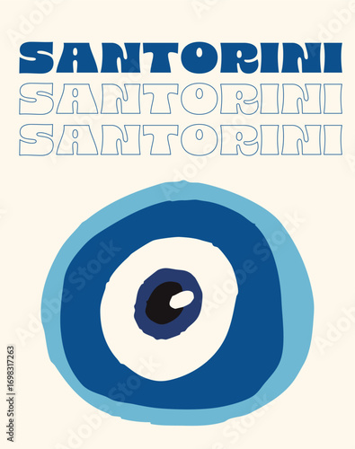 Santorini travel poster. Greek islands souvenir wall art with abstract evil eye talismans and modern typography. Aegean aesthetic vector illustration protection and good vibes talisman