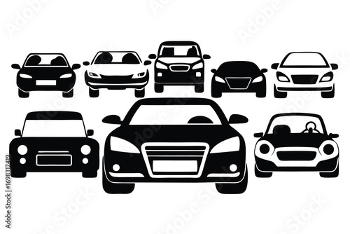 Collection of black and white car silhouettes various models and sizes front view