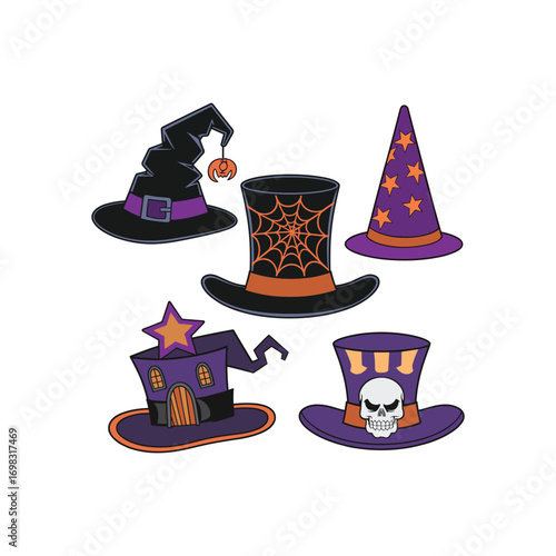 Halloween Witch Hats and Spooky House Vector Set