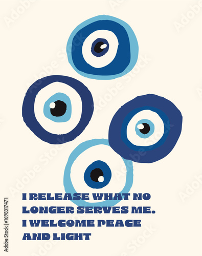 Evil eye poster for home decor. Modern spiritual wall art with bohemian style, positive quotes, and hand-drawn amulet symbols for protection and good vibes talismans and positive affirmations