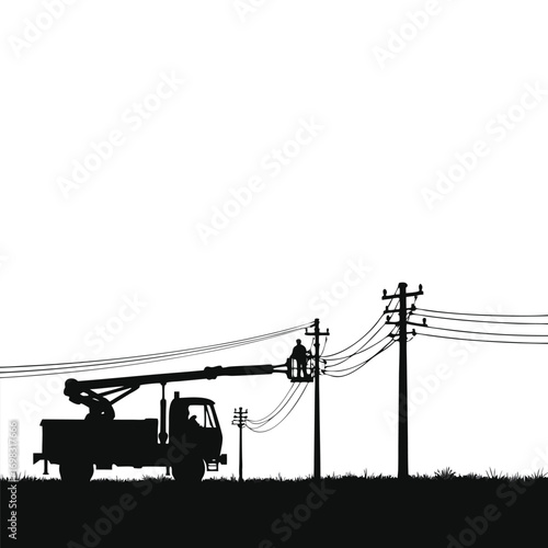 Electricians performing maintenance on overhead power lines Keywords: electricity, power line