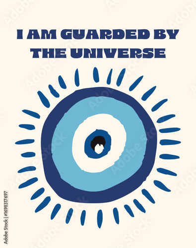 Evil eye poster for home decor. Modern spiritual wall art with bohemian style, positive quotes, and hand-drawn amulet symbols for protection and good vibes talismans and positive affirmations