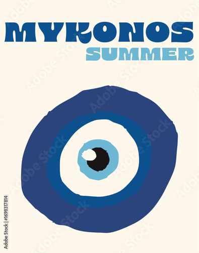 Mykonos travel poster set. Greek islands souvenir wall art with abstract evil eye talismans and modern typography. Aegean aesthetic vector illustration protection and good vibes talisman