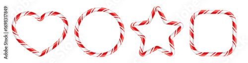 Set of glossy candy cane stripe pattern. Collection with red and white holiday borders in various shapes, frames