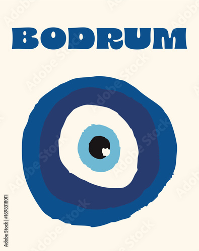 Bodrum travel poster. Turkish evil eye amulet vector illustration for home decor, souvenirs, and travel agencies. Modern Nazar charm graphic with typography