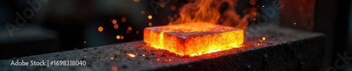 A close-up shot of a glowing orange steel workpiece being expertly heated in a forge, sparks flying, demonstrating the process of heat treating metal ,  artisan,  blacksmith