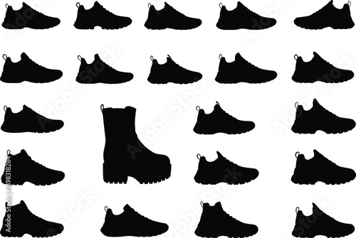 Black shoe silhouette collection, sneaker and boot vector, footwear design, casual shoes icons, fashion shoe set, trendy shoe silhouettes