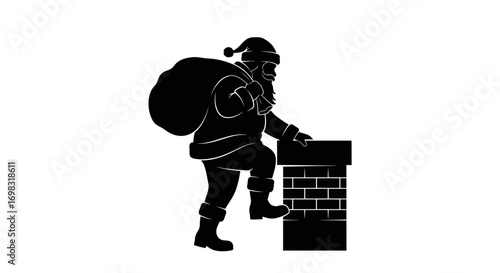 Silhouette of Santa Claus climbing a chimney carrying a large sack.