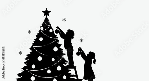 Two children decorate a Christmas tree together, adding ornaments and a star.