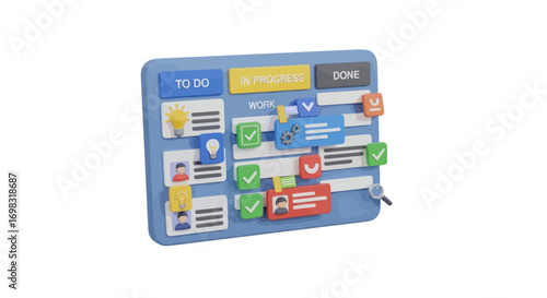 3D Kanban Board Illustration with Colorful Sticky Notes and Checkmarks.